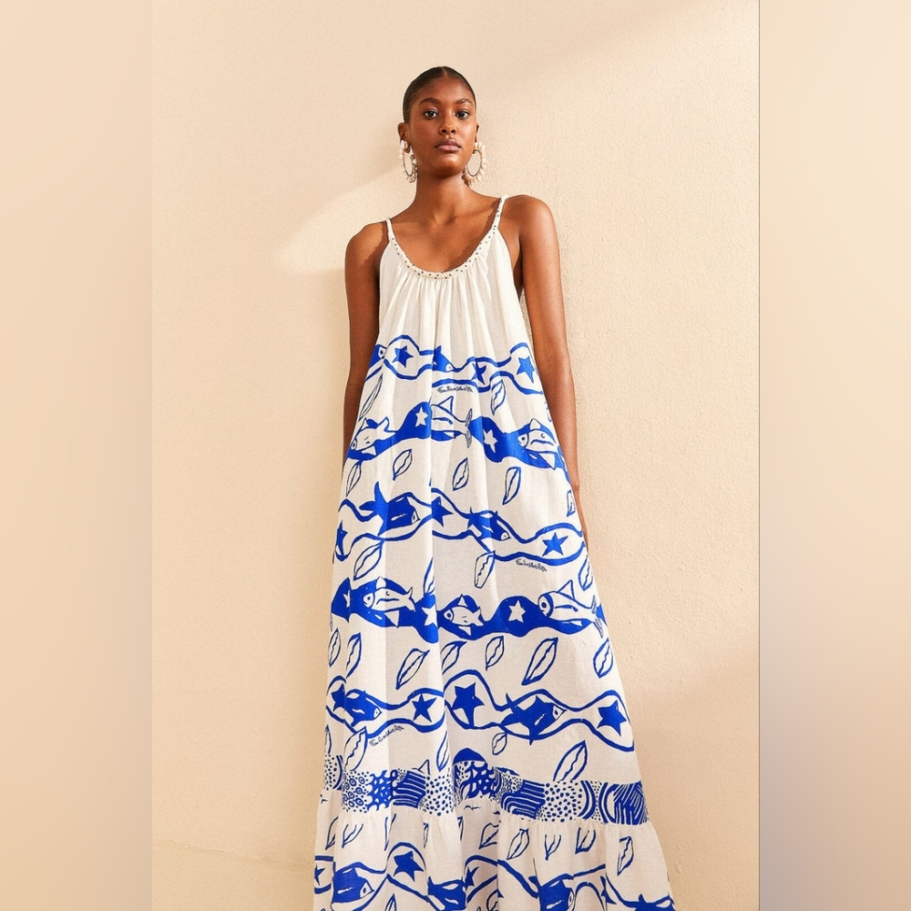 Farm Rio Off-White Pitta Waves Sleeveless Maxi Dress